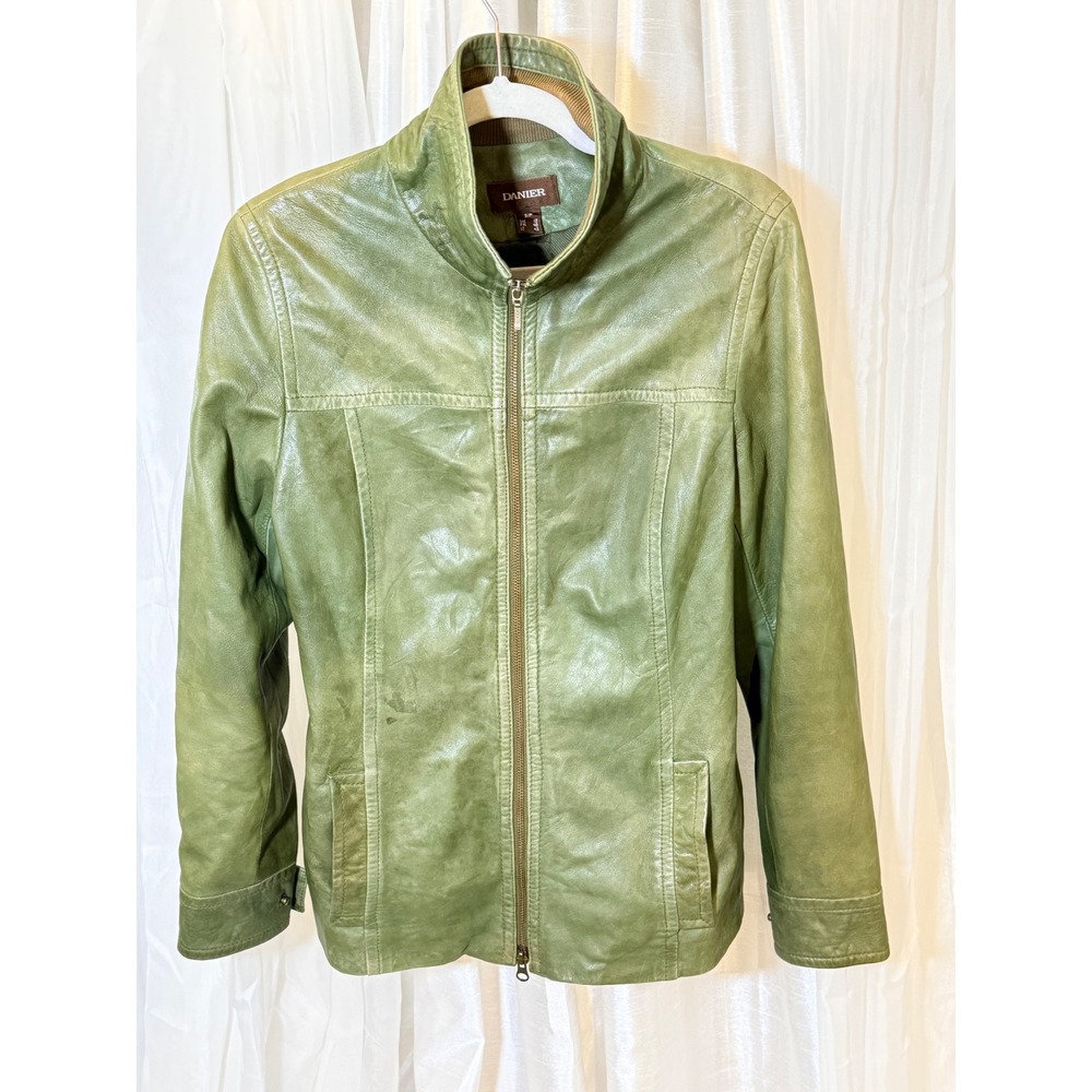 Danier Leather Jacket Women Small Green Mock Neck Zip Up CA02558